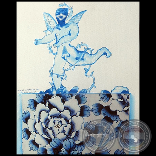 Ángel atrapado por la rosa china - Serie AZUL dibujo sobre papel de Ricardo Migliorisi - Año: 2018